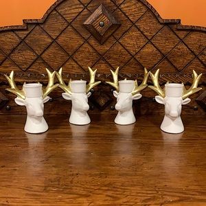 Christmas white reindeer with golden antlers candle holders set